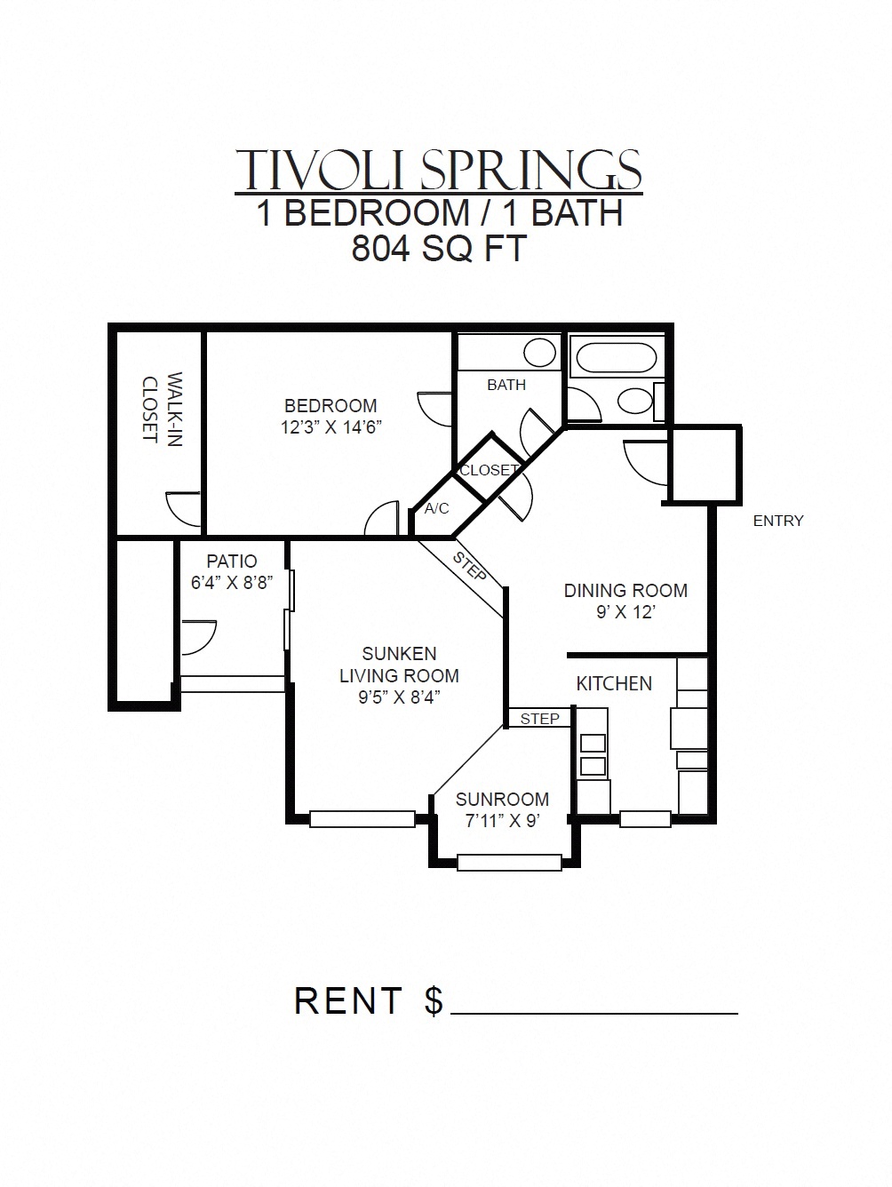 Floor plan for 1 bed, 1 bath, 807 sqft